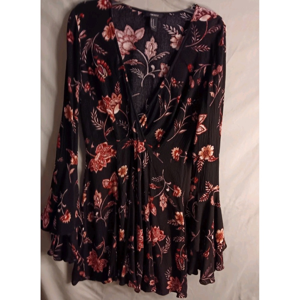 Forever 21 Women Dress M Floral Rayon Long Ruffle Tiered Sleeve Mini Swing EUC
